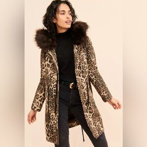 Avec Les Filles Leopard Print Jacket Parka with Faux Fur Trim Size XS NWOT